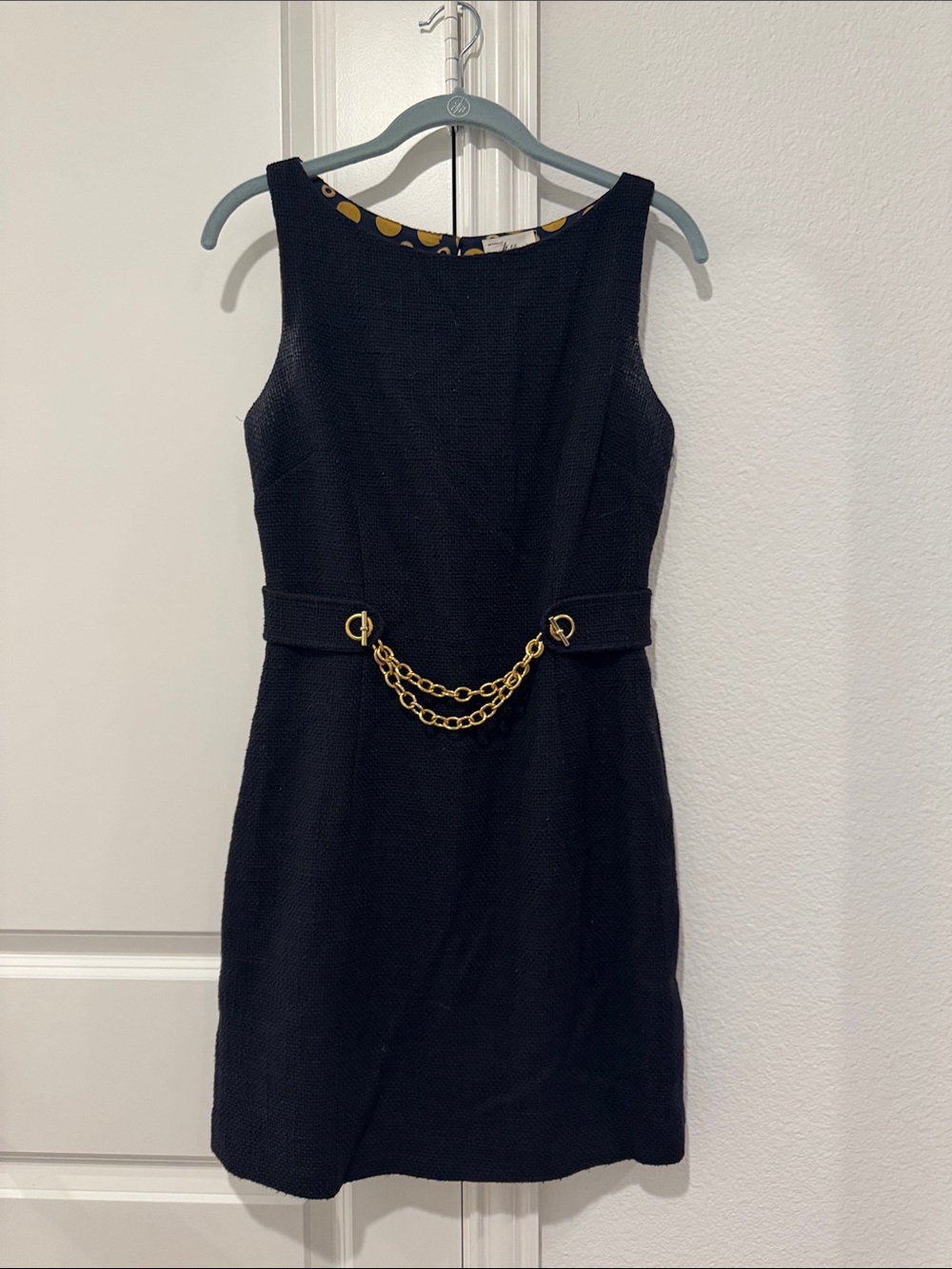 Milly of New York Black Sleeveless Midi Dress with Gold Chain Detail